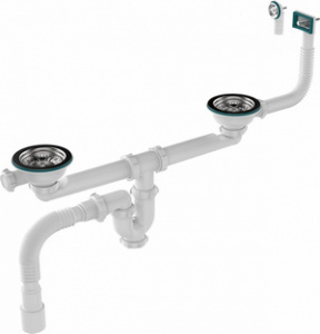 Aquant UD0179-12-MR Сифон 3 1/2"х40, для двойной мойки (2 отв  311/2")    с переливом кругл/прямоуг,   гофра, 40х40/50 