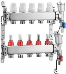 Коллекторная группа ZEGOR, QS-18104 с расх-ми, термостат. клапана, сливным краном и автомат. возд-ком, нерж. сталь 1"х10х3/4"
