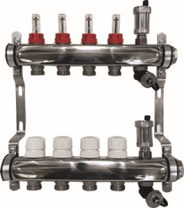 Коллекторная группа AQUALINK с расх-ми, сливным краном и автомат. возд-ком, нерж. сталь 1"х10х3/4"