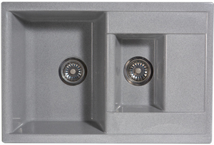 Мойка  керамогранит S16  2-х чашевая   760 *505   (чаша 340* 440, h 20 мм; 175*280 h 130 ) (перелив, б/отв., унив-я, б/сиф.) матовый    ТЕМНО-СЕРЫЙ  